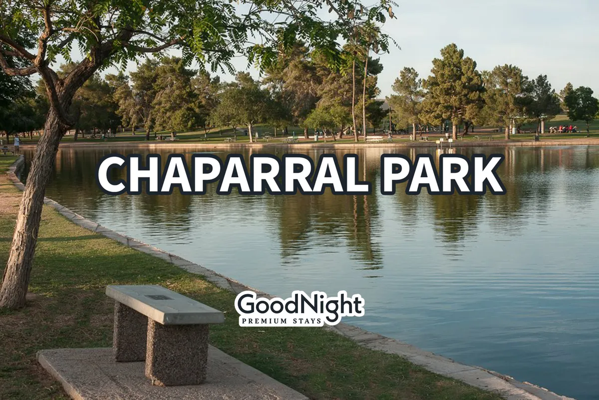 A peaceful park scene featuring a calm lake bordered by trees, a bench for resting, and open green spaces. The tranquil setting invites leisurely walks, picnics, and relaxation, evoking the welcoming spirit of outdoor parks ideal for pet-friendly adventures.